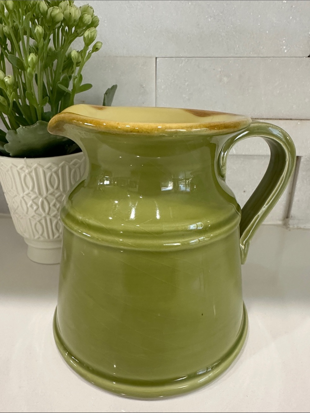 Vintage Italian Green & Butter Yellow Small Ceramic Milk Pitcher